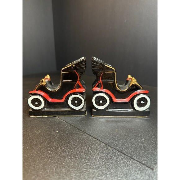 Vintage Ford 1901 Japan Ceramic Car Bookends Black Red White 4"x4" Pair - Picture 4 of 7